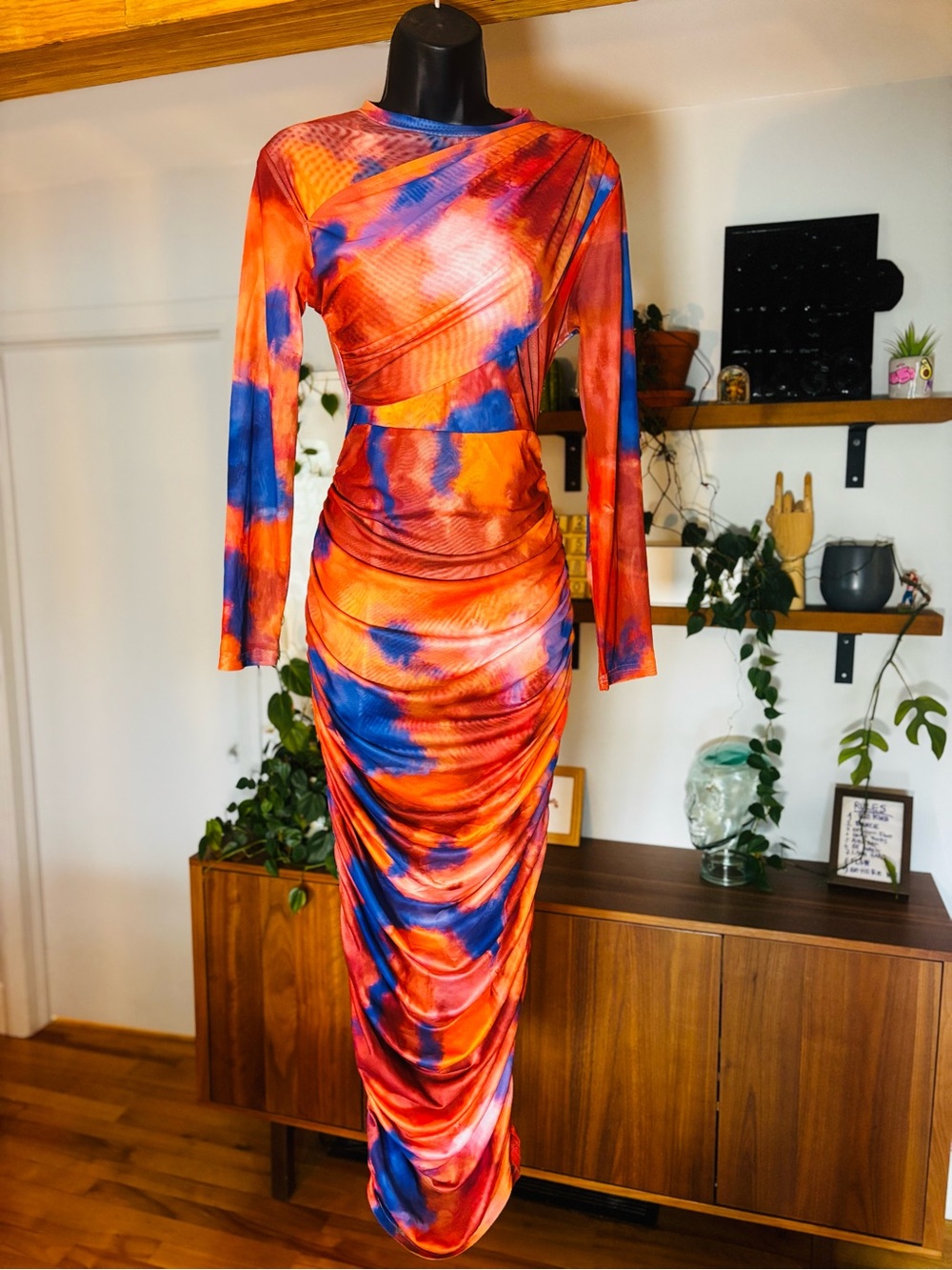 Camila Tie Dye Ruched Bodycon Maxi Dress - Super Stretch Long Sleeve